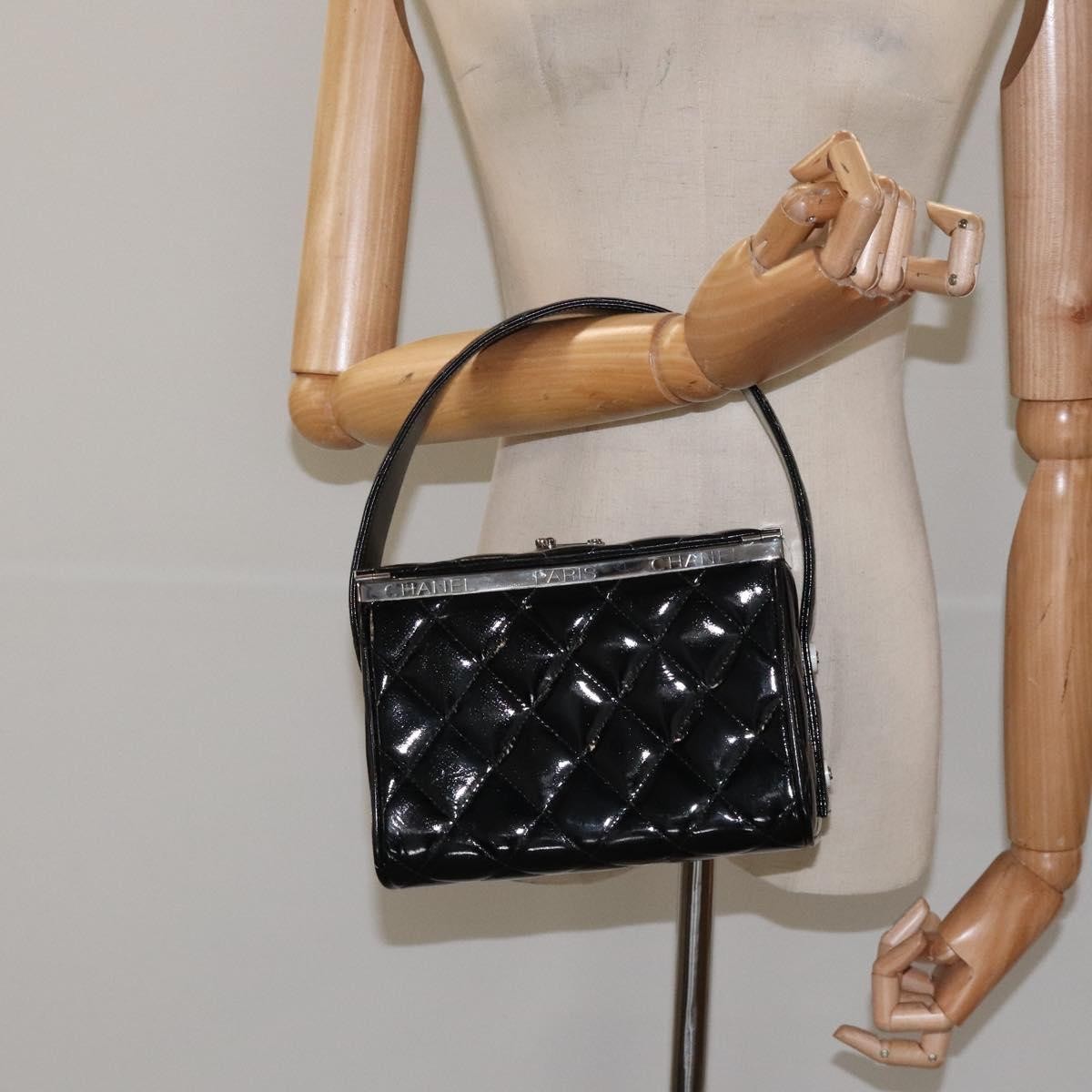Chanel Vintage Metal Box Bag Quilted Patent Black Patent_Leather Handbag (Pre-Owned)