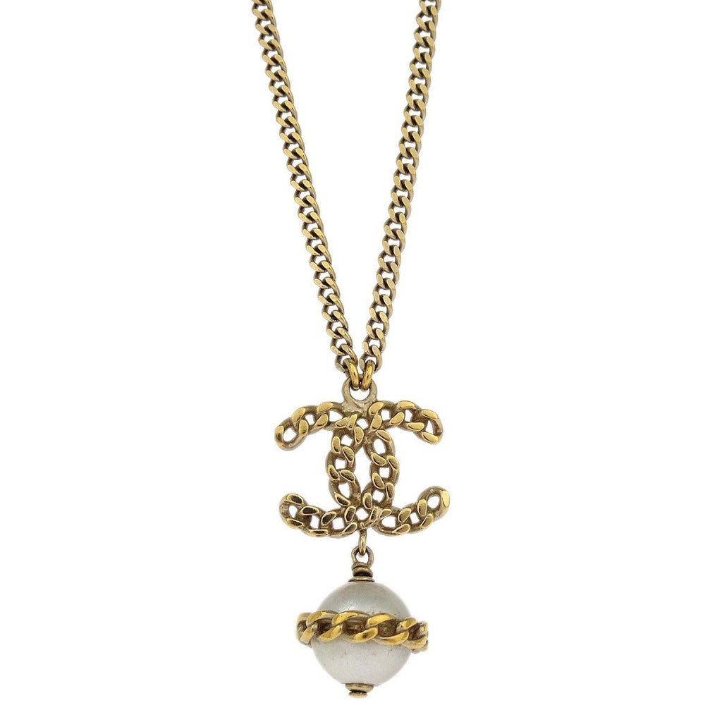 Chanel Cc Chain Necklace Metal With Faux Pearls Gold Gold_Plated Necklace Jewelry (Pre-Owned)