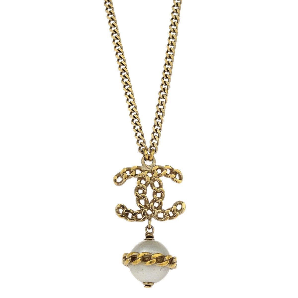 Chanel Cc Chain Necklace Metal With Faux Pearls Gold Gold_Plated Necklace Jewelry (Pre-Owned)