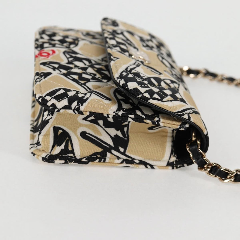 Chanel Flap Card Holder On Chain Quilted Printed Canvas Beige Nylon Shoulder Bag Bag (Pre-Owned)