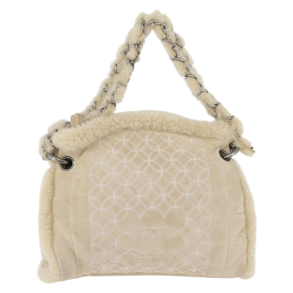 Chanel Vintage Embroidered Cc Chain Tote Quilted Suede And Shearling Silver Canvas Tote Bag Bag (Pre-Owned)
