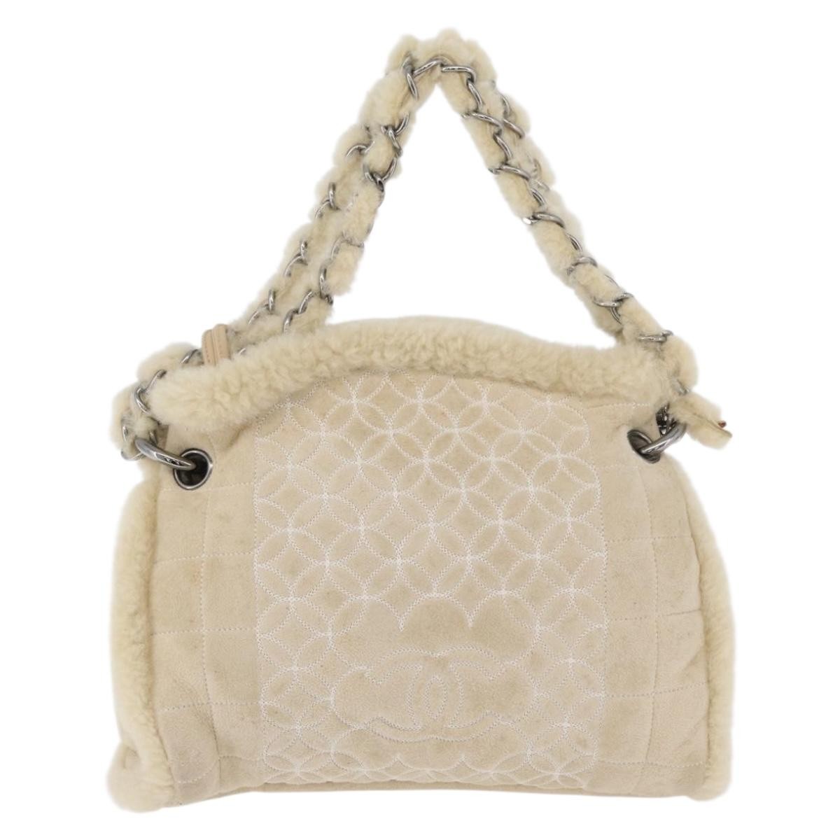Chanel Vintage Embroidered Cc Chain Tote Quilted Suede And Shearling Silver Canvas Tote Bag Bag (Pre-Owned)