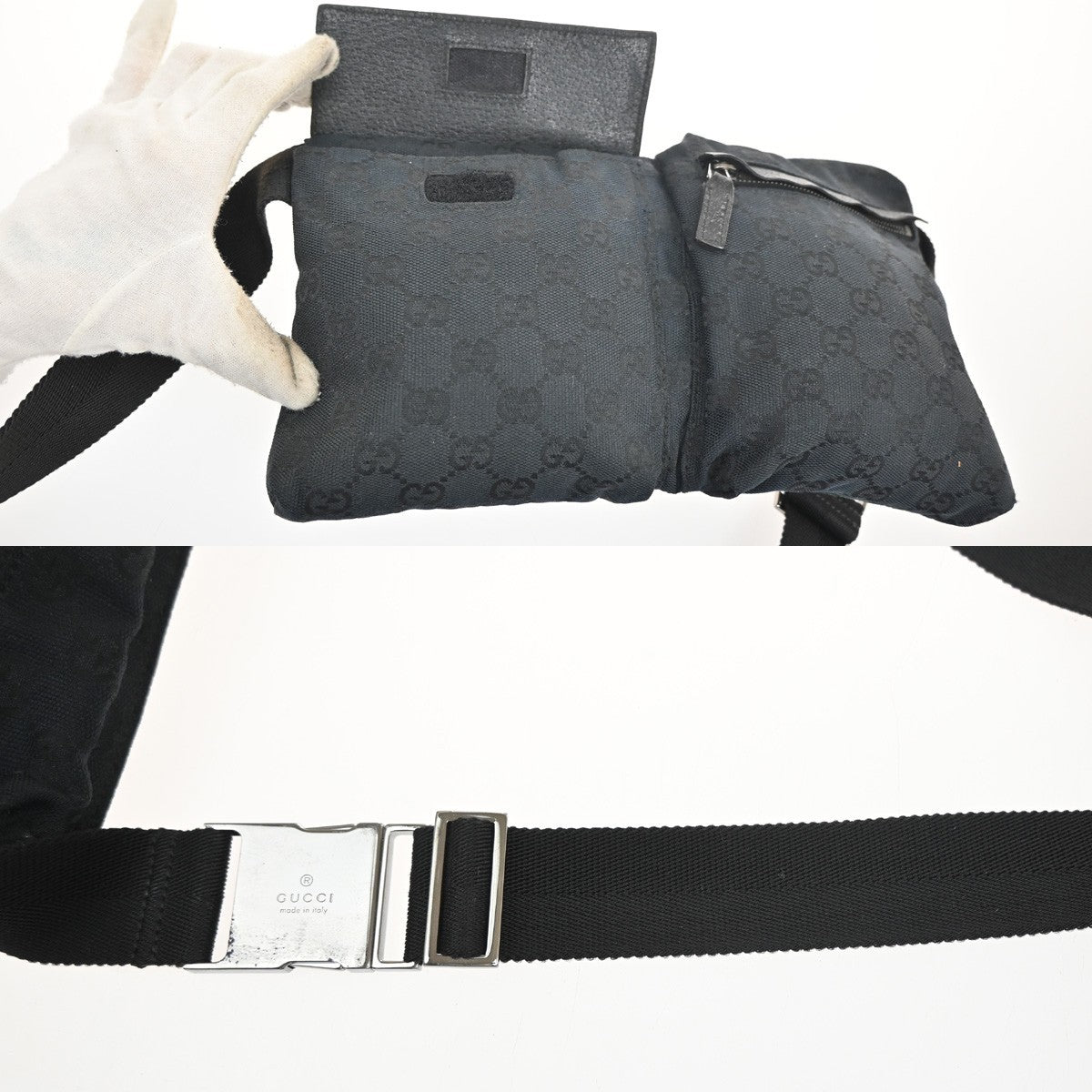 Gucci Vintage Double Belt Bag Gg Canvas With Leather Black Canvas Clutche & Pouche Bag (Pre-Owned)