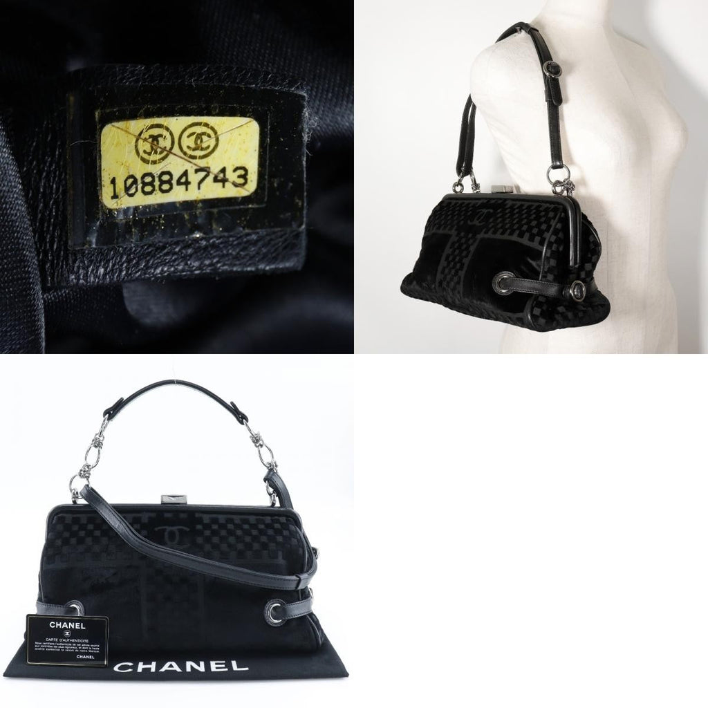 Chanel Vintage Cc Side Belted Bowler Bag Check Embossed Velvet Black Velvet Shoulder Bag Bag (Pre-Owned)