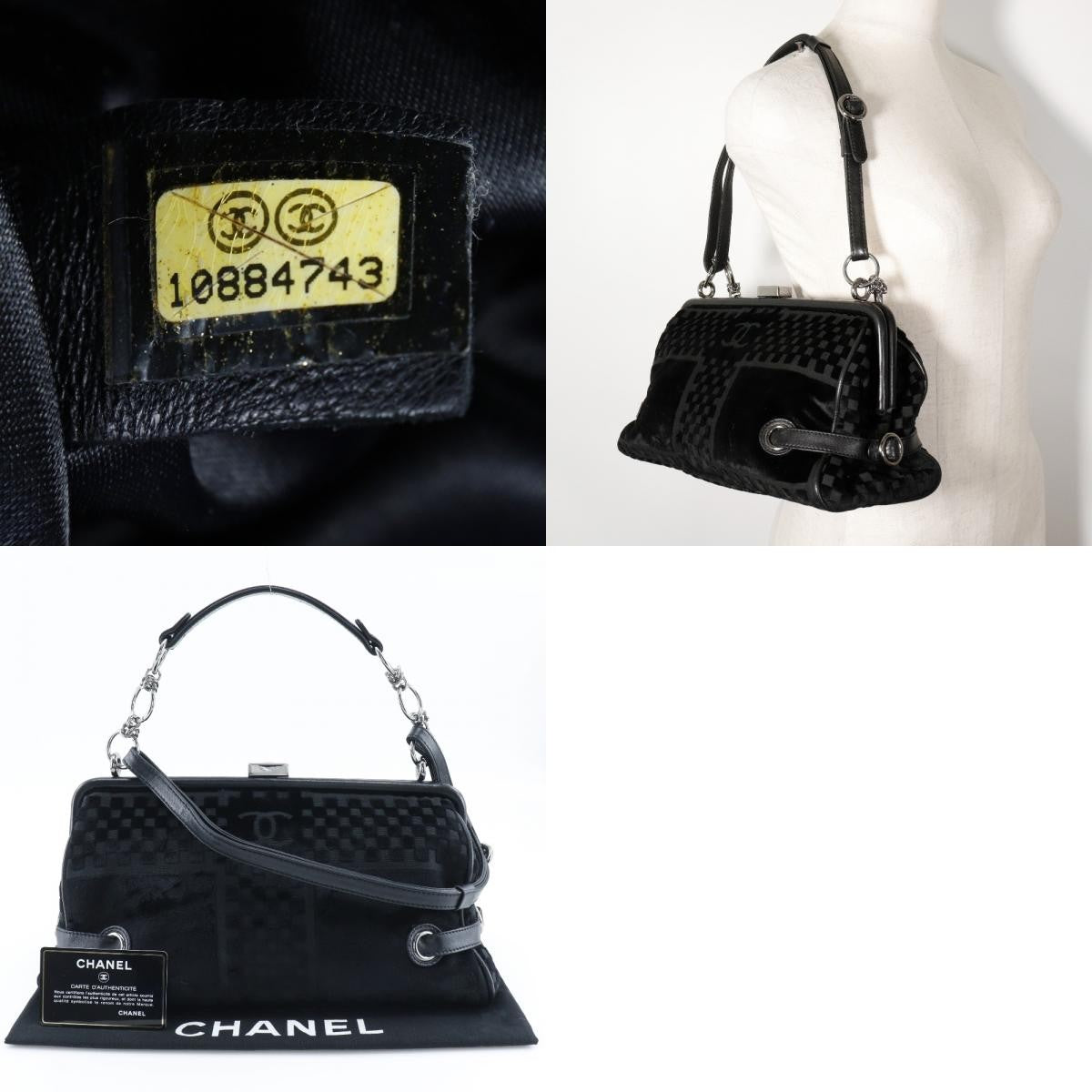 Chanel Vintage Cc Side Belted Bowler Bag Check Embossed Velvet Black Velvet Shoulder Bag Bag (Pre-Owned)