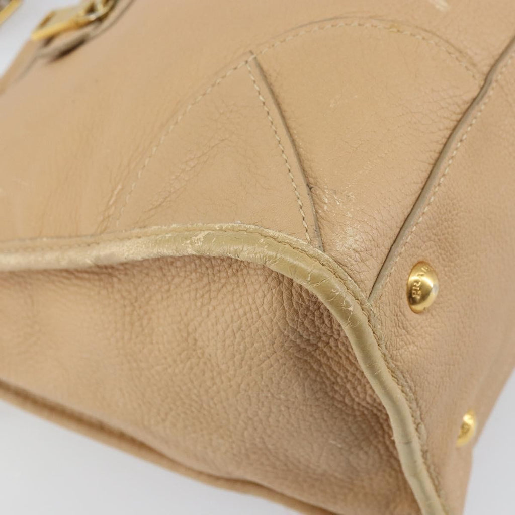 Prada Front Zip Convertible Satchel Cervo Leather Beige Leather Handbag (Pre-Owned)