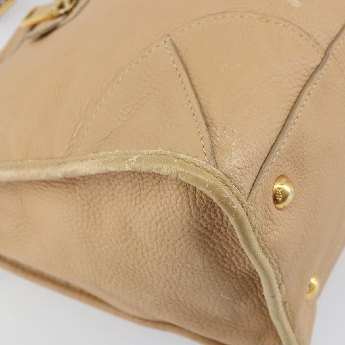 Prada Front Zip Convertible Satchel Cervo Leather Beige Leather Handbag (Pre-Owned)