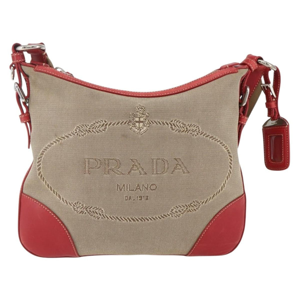 Prada Logo Zip Crossbody Bag Canvas Beige Canvas Shoulder Bag Bag (Pre-Owned)