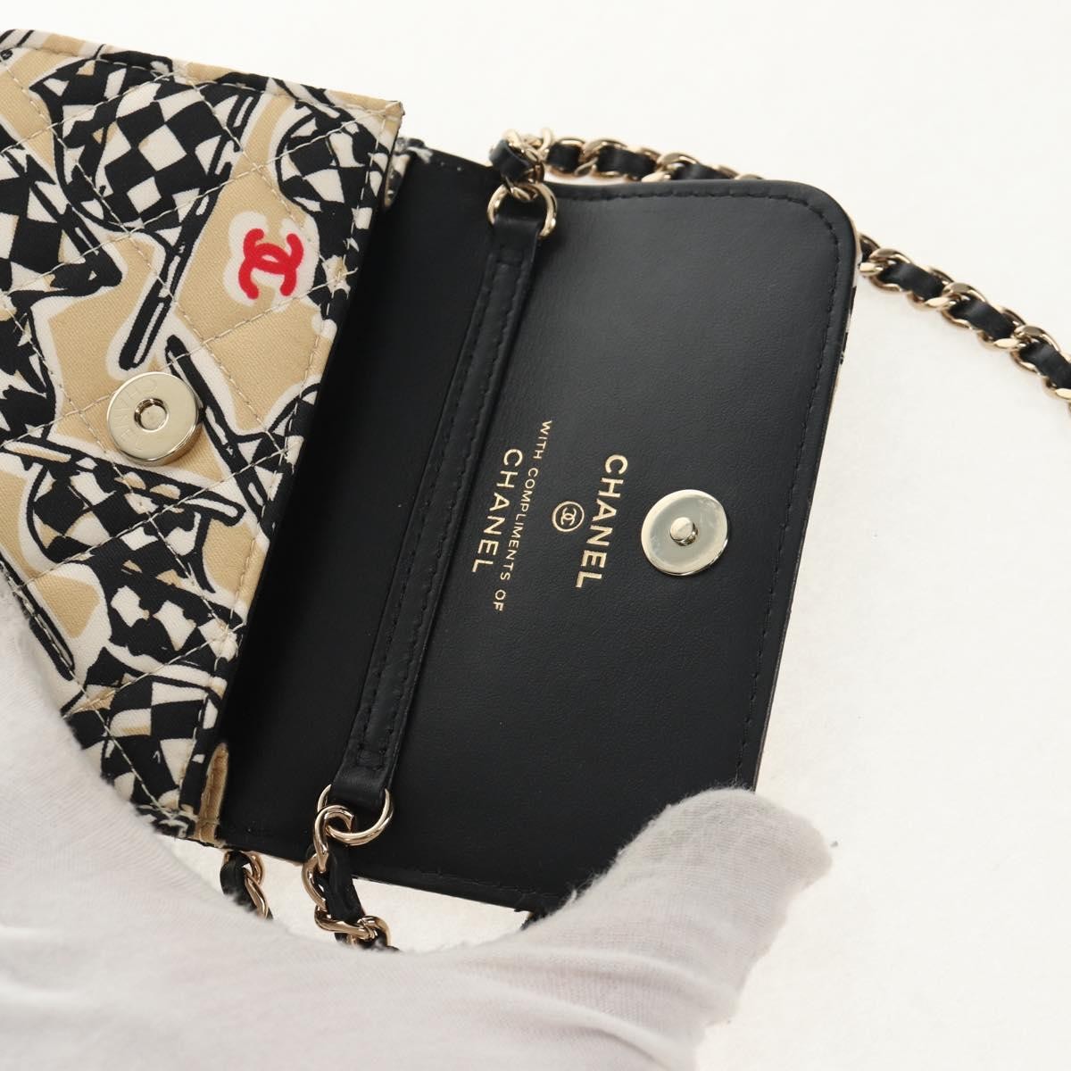 Chanel Flap Card Holder On Chain Quilted Printed Canvas Beige Satin Clutche & Pouche Bag (Pre-Owned)