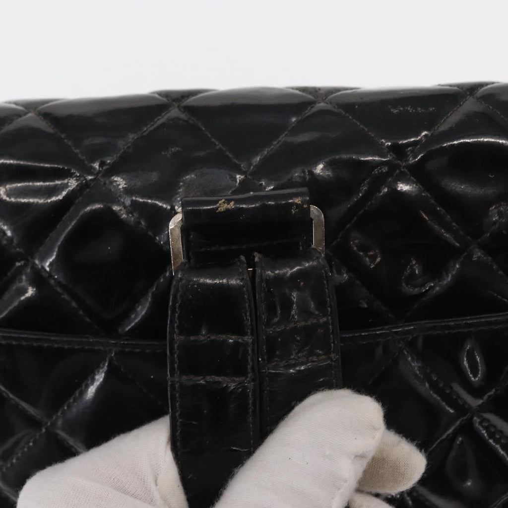 Chanel Vintage Square Flap Backpack Enamel Black Patent_Leather Backpack Bag (Pre-Owned)