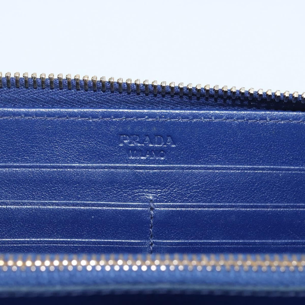 Prada Zip Around Organizer Wallet Saffiano Leather With Applique Blue Leather Wallets Accessory (Pre-Owned)