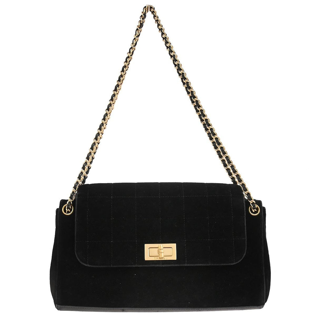 Chanel Chocolate Bar Mademoiselle Lock Chain Bag Quilted Velvet Black Velvet Shoulder Bag Bag (Pre-Owned)