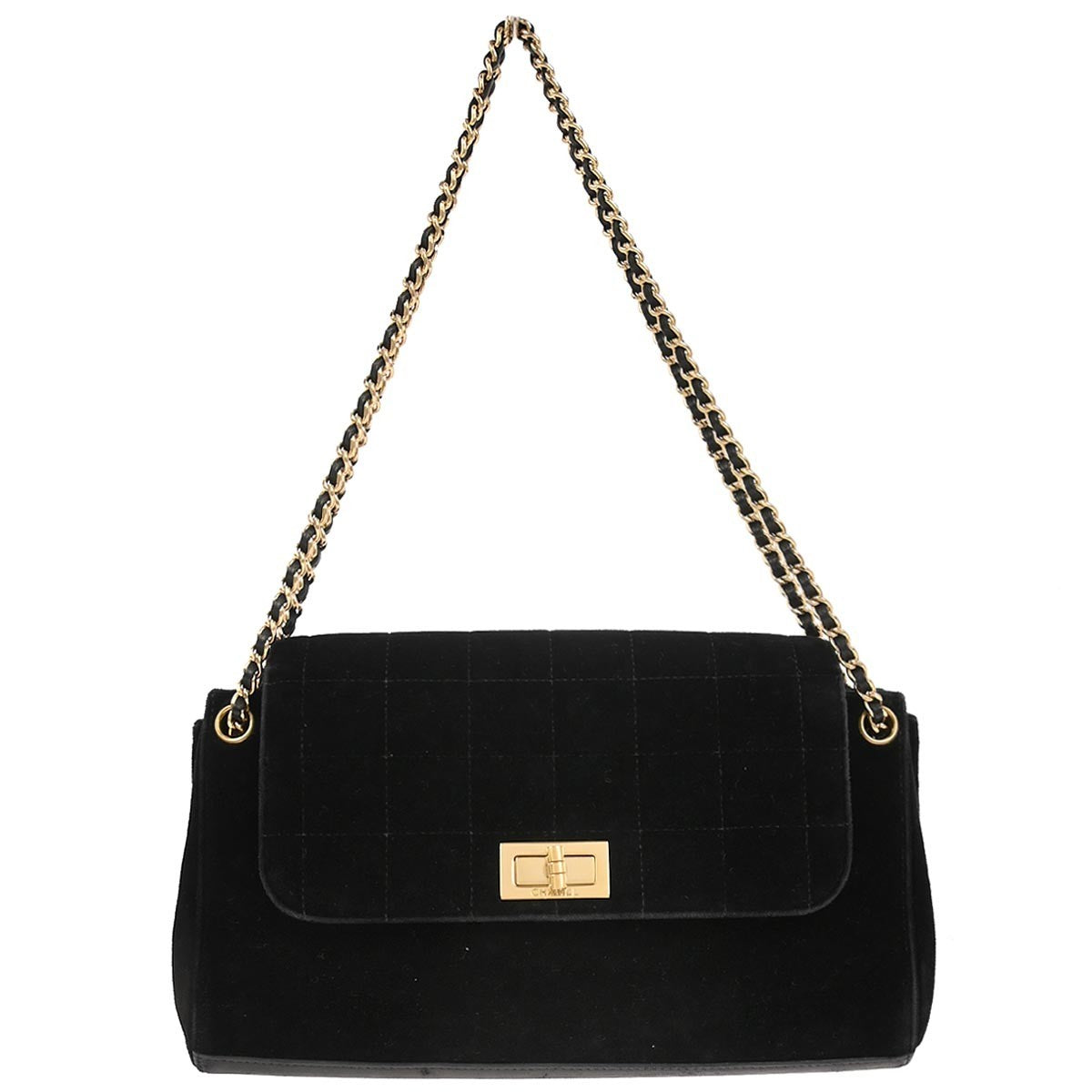 Chanel Chocolate Bar Mademoiselle Lock Chain Bag Quilted Velvet Black Velvet Shoulder Bag Bag (Pre-Owned)