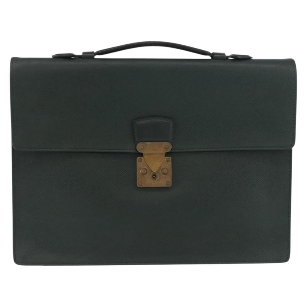 Louis Vuitton Serviette Kourad Briefcase Taiga Leather Green Leather Handbag (Pre-Owned)