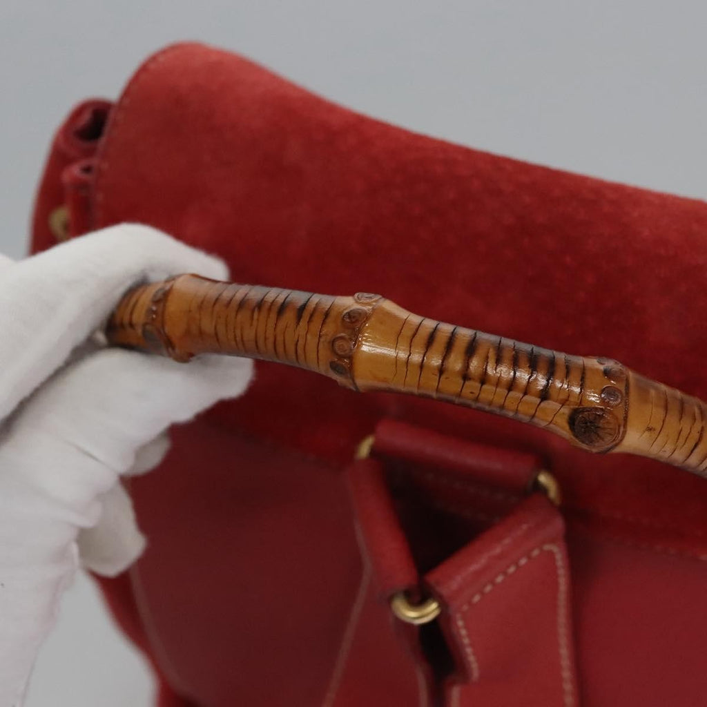 Gucci Vintage Bamboo Backpack Suede And Leather Red Suede Backpack Bag (Pre-Owned)
