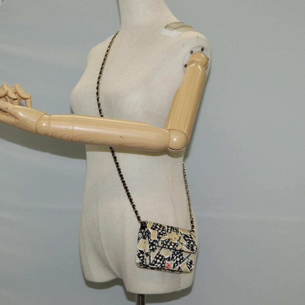 Chanel Flap Card Holder On Chain Quilted Printed Canvas Beige Nylon Shoulder Bag Bag (Pre-Owned)