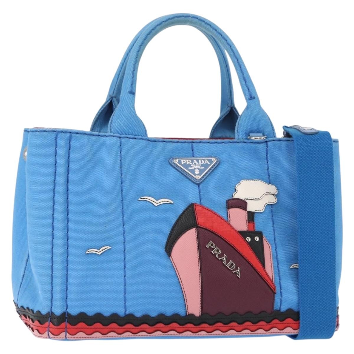 Prada Canapa Convertible Tote Canvas With Applique Blue Canvas Tote Bag Bag (Pre-Owned)