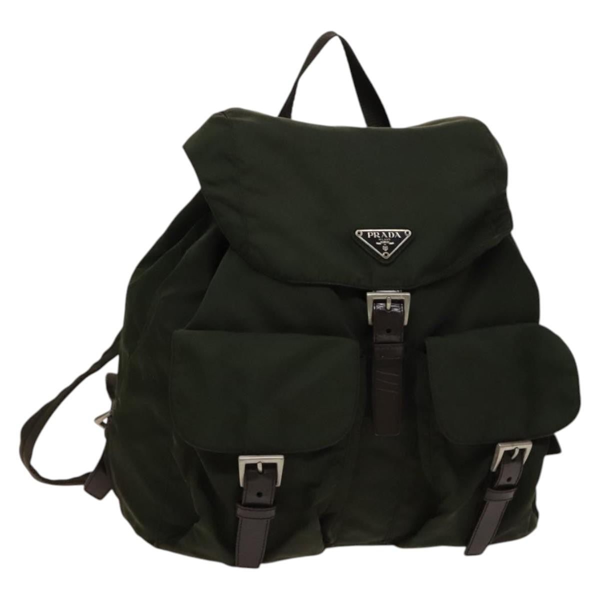 Prada Vela Double Front Pocket Backpack Tessuto With Saffiano Leather Khaki Nylon Backpack Bag (Pre-Owned)