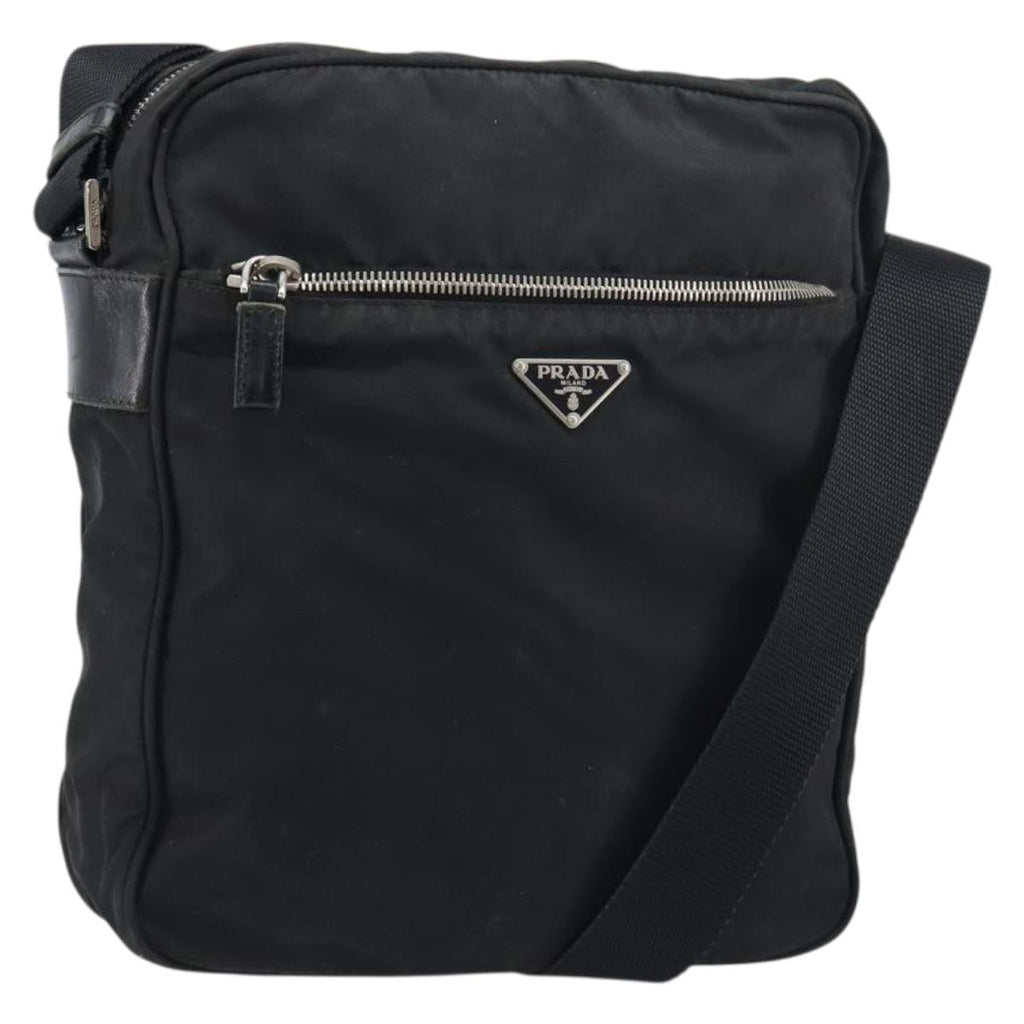 Prada Front Pocket Zip Messenger Bag Tessuto With Saffiano Leather Black Nylon Shoulder Bag Bag (Pre-Owned)