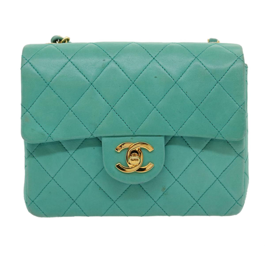 Chanel Square Classic Single Flap Bag Quilted Lambskin Blue Leather Handbag (Pre-Owned)