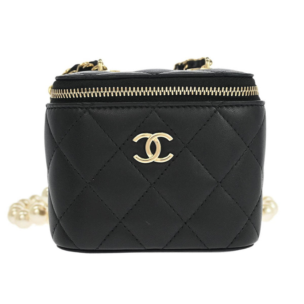 Chanel Vanity Case With Pearl Chain Quilted Lambskin Black Leather Shoulder Bag Bag (Pre-Owned)
