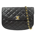 Chanel Vintage Round Flap Bag Quilted Lambskin Black Leather Shoulder Bag Bag (Pre-Owned)