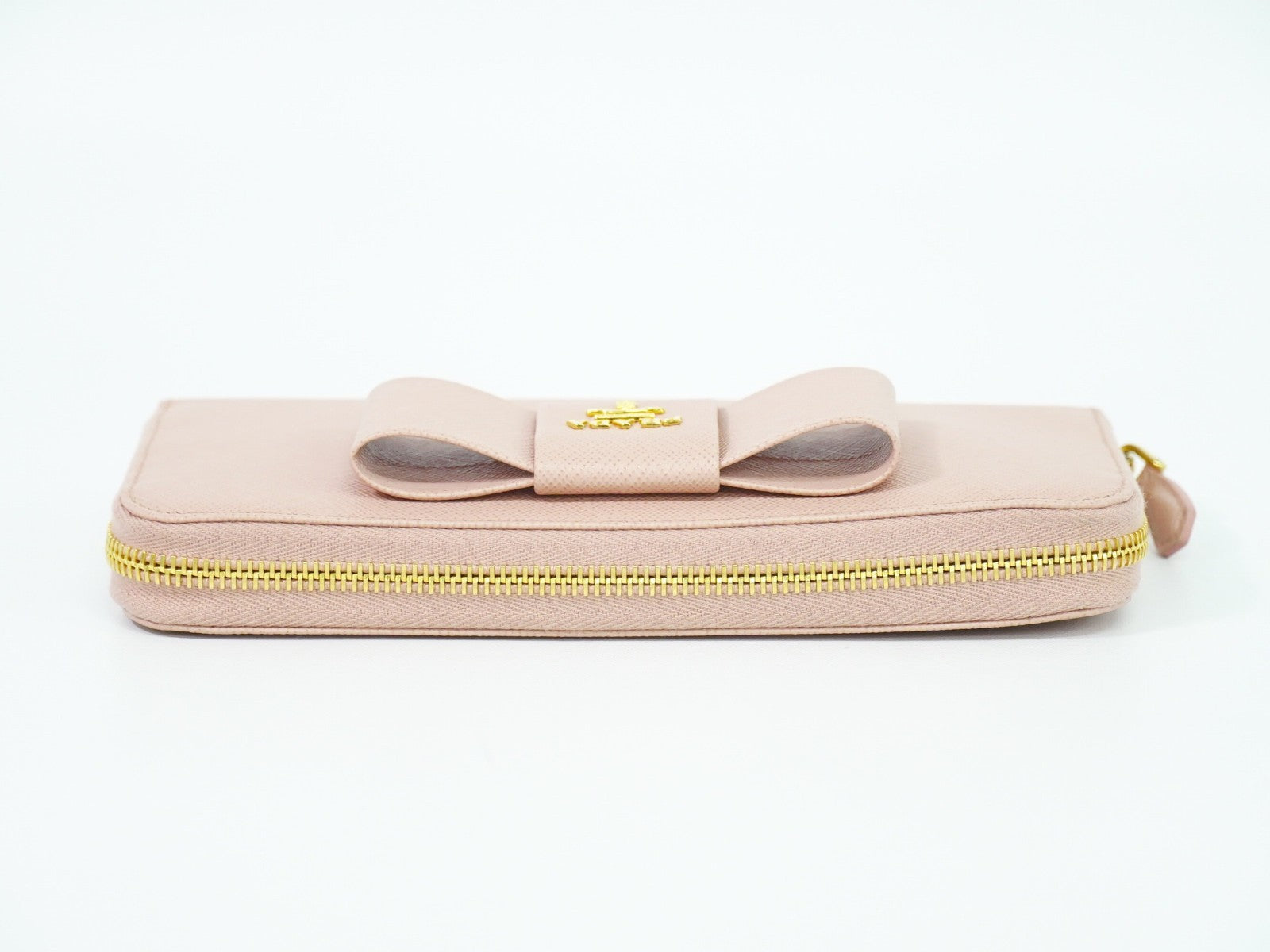 Prada Bow Zip Around Wallet Saffiano Leather Pink Leather Wallets Accessory (Pre-Owned)