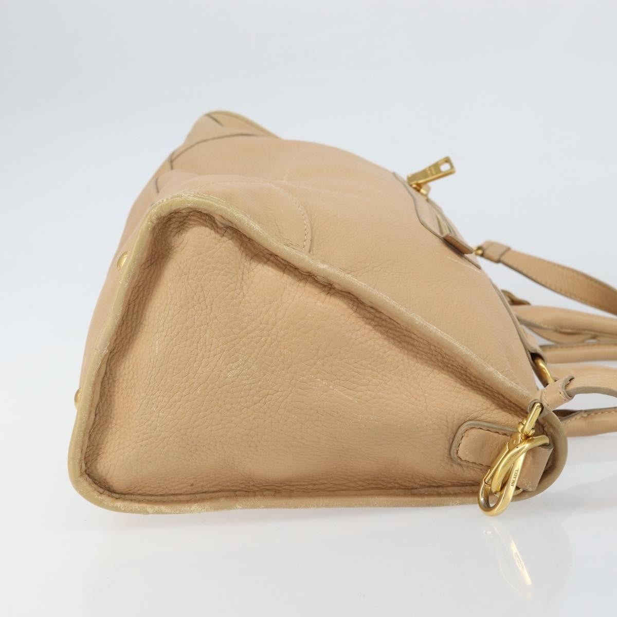 Prada Front Zip Convertible Satchel Cervo Leather Beige Leather Handbag (Pre-Owned)