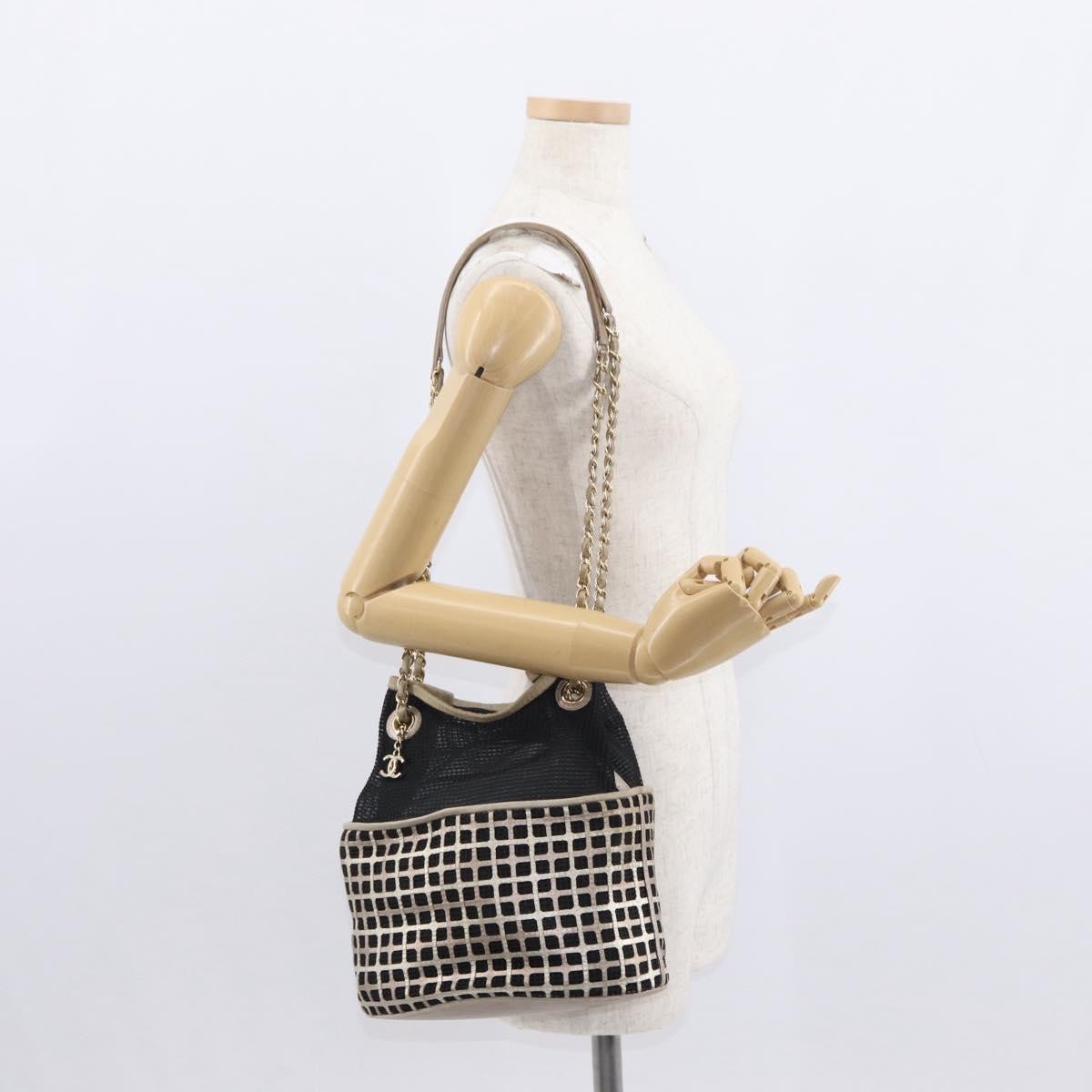 Chanel Chain Bucket Bag Mesh And Leather Black Leather Shoulder Bag Bag (Pre-Owned)