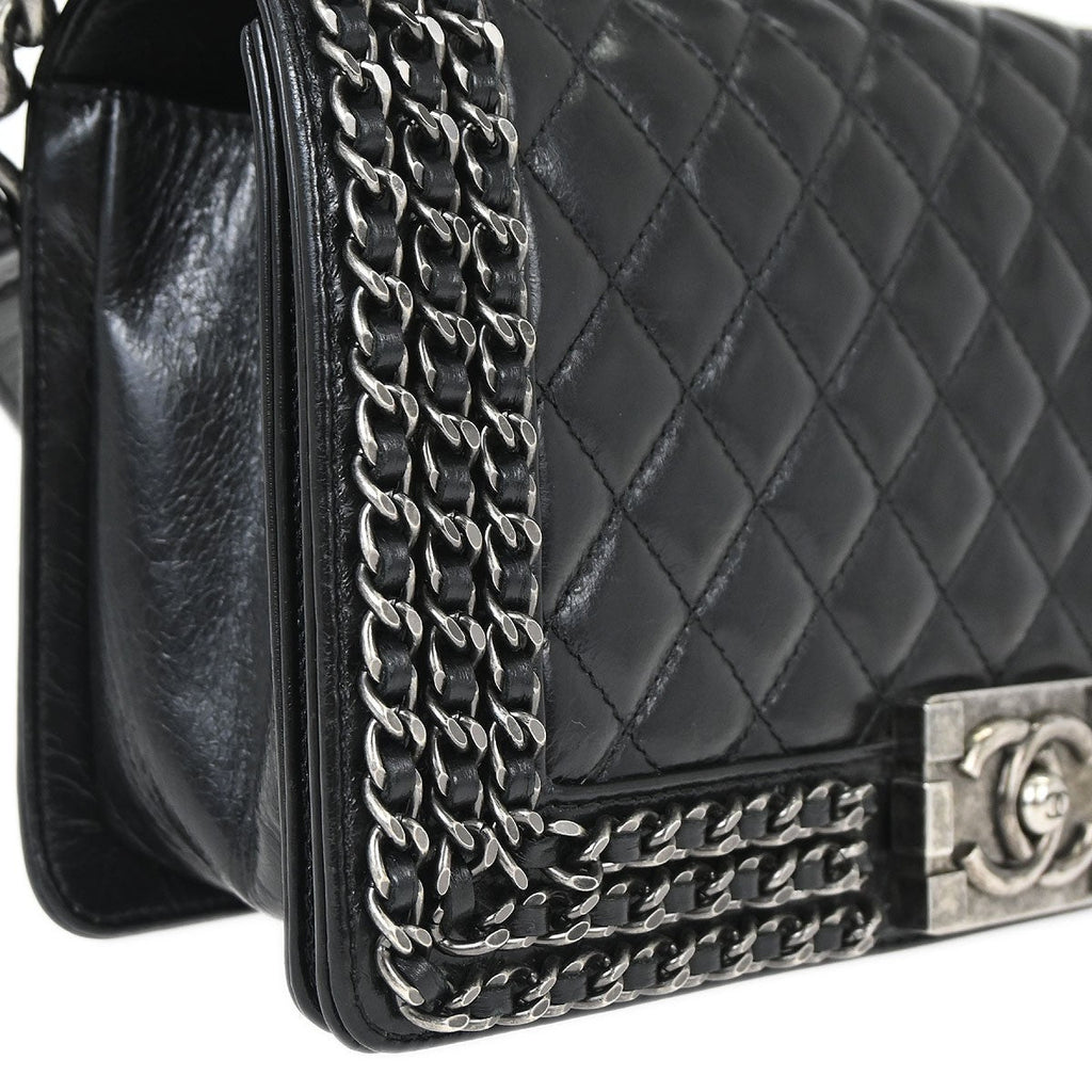 Chanel Boy Flap Bag Quilted Glazed Calfskin Black Leather Handbag (Pre-Owned)