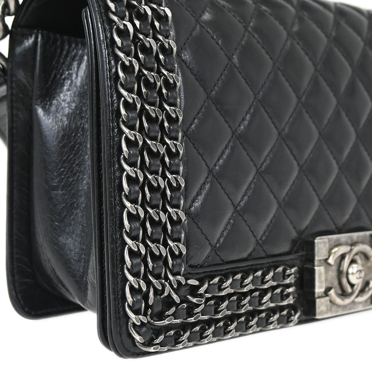 Chanel Boy Flap Bag Quilted Glazed Calfskin Black Leather Handbag (Pre-Owned)