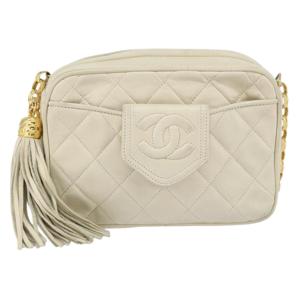 Chanel Vintage Front Pocket Camera Bag Quilted Lambskin Beige Leather Shoulder Bag Bag (Pre-Owned)