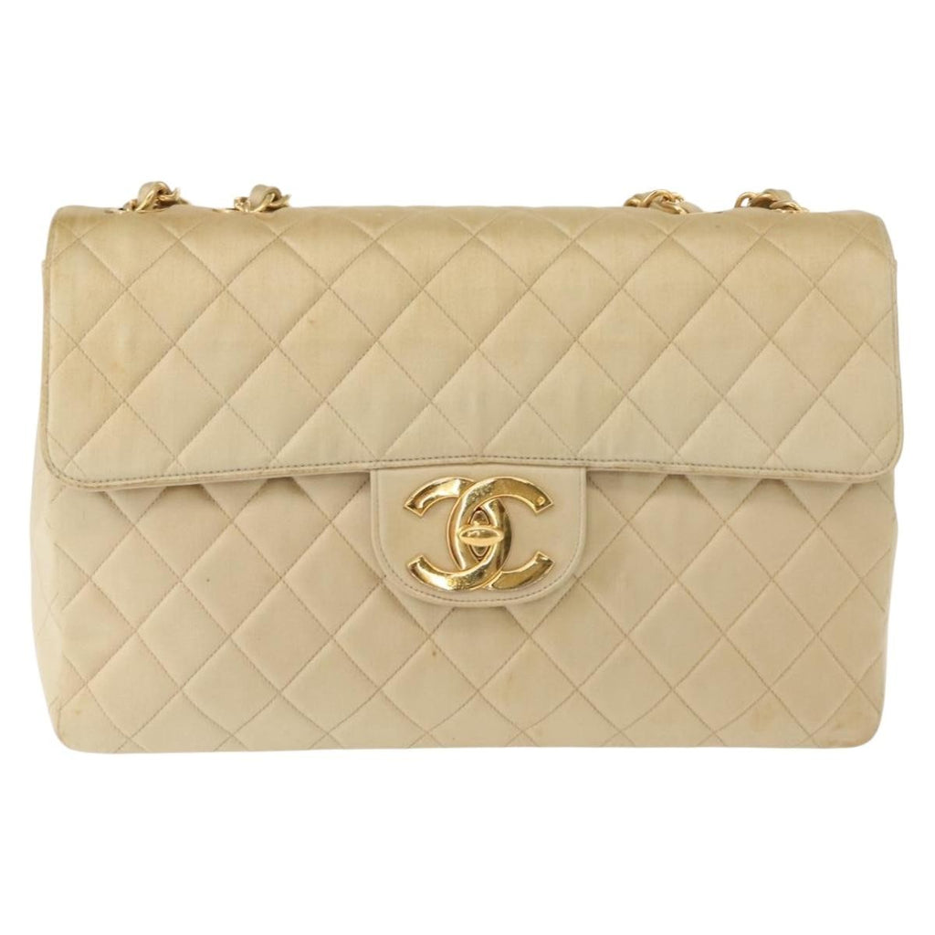 Chanel Vintage Classic Single Flap Bag Silk Beige Satin Shoulder Bag Bag (Pre-Owned)