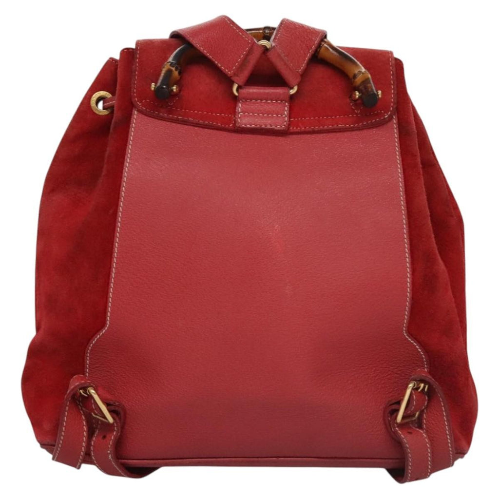 Gucci Vintage Bamboo Backpack Suede And Leather Red Suede Backpack Bag (Pre-Owned)
