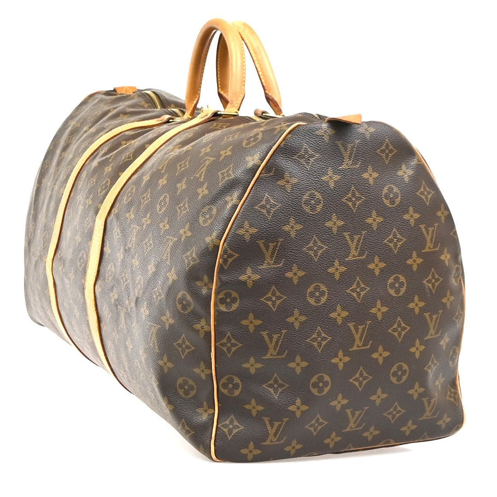 Louis Vuitton Keepall Bag Monogram Canvas Brown Leather Travel Bag Bag (Pre-Owned)