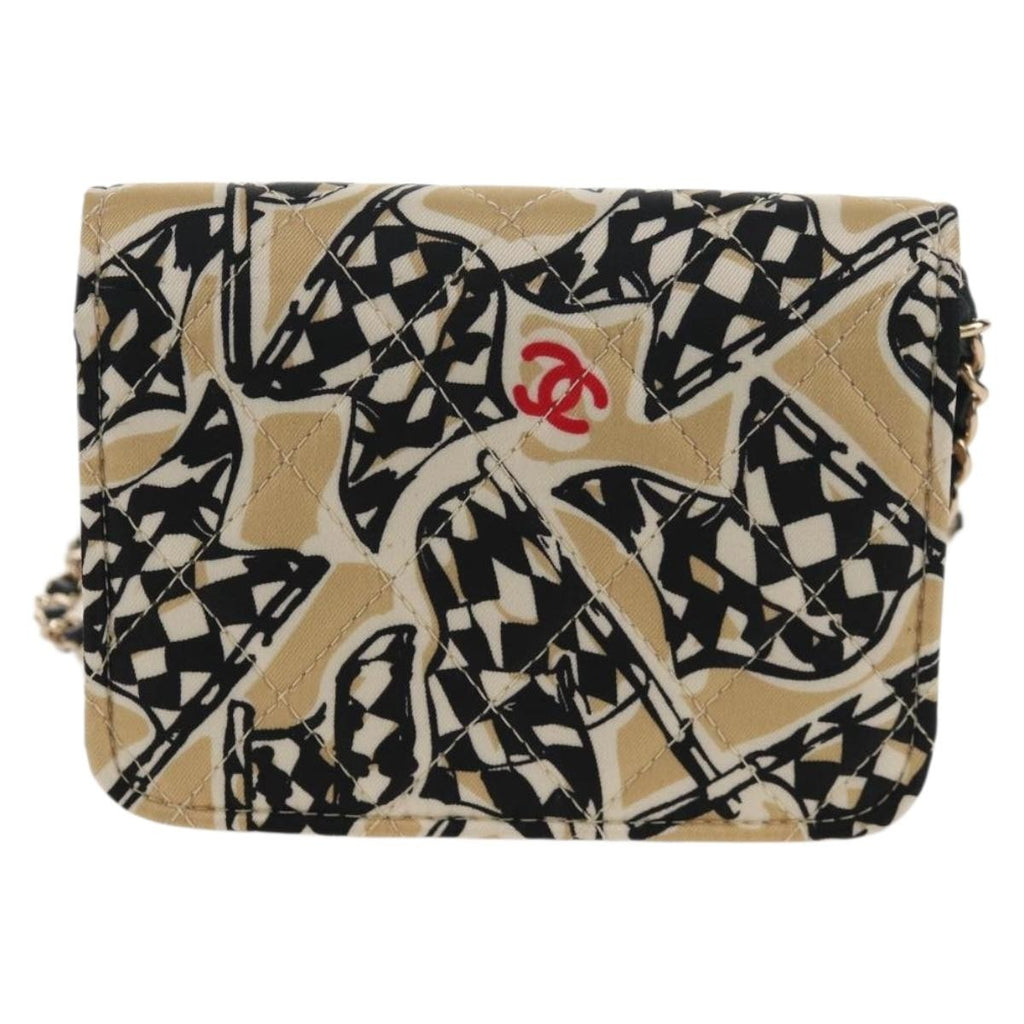 Chanel Flap Card Holder On Chain Quilted Printed Canvas Beige Satin Clutche & Pouche Bag (Pre-Owned)