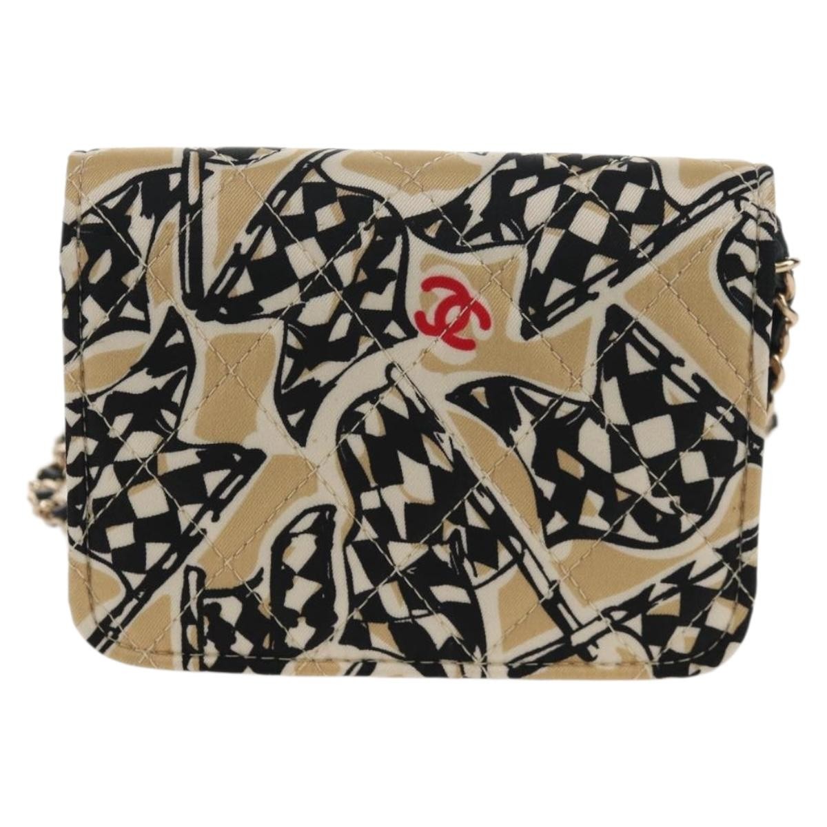 Chanel Flap Card Holder On Chain Quilted Printed Canvas Beige Satin Clutche & Pouche Bag (Pre-Owned)