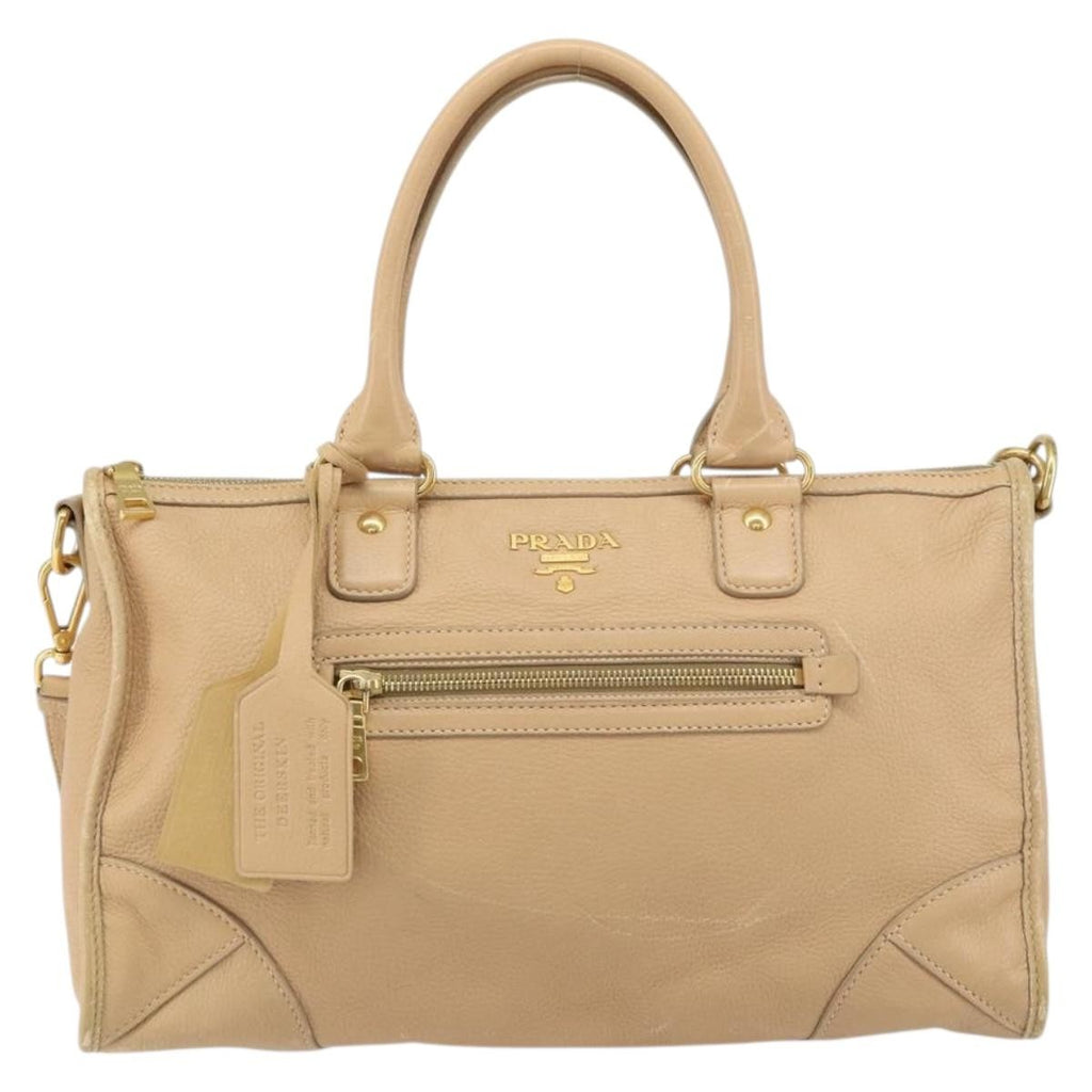 Prada Front Zip Convertible Satchel Cervo Leather Beige Leather Handbag (Pre-Owned)