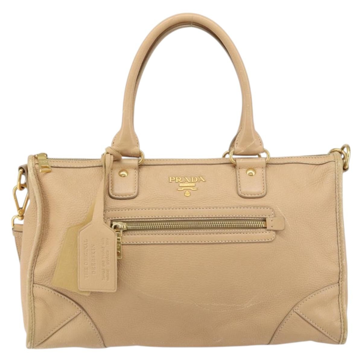 Prada Front Zip Convertible Satchel Cervo Leather Beige Leather Handbag (Pre-Owned)