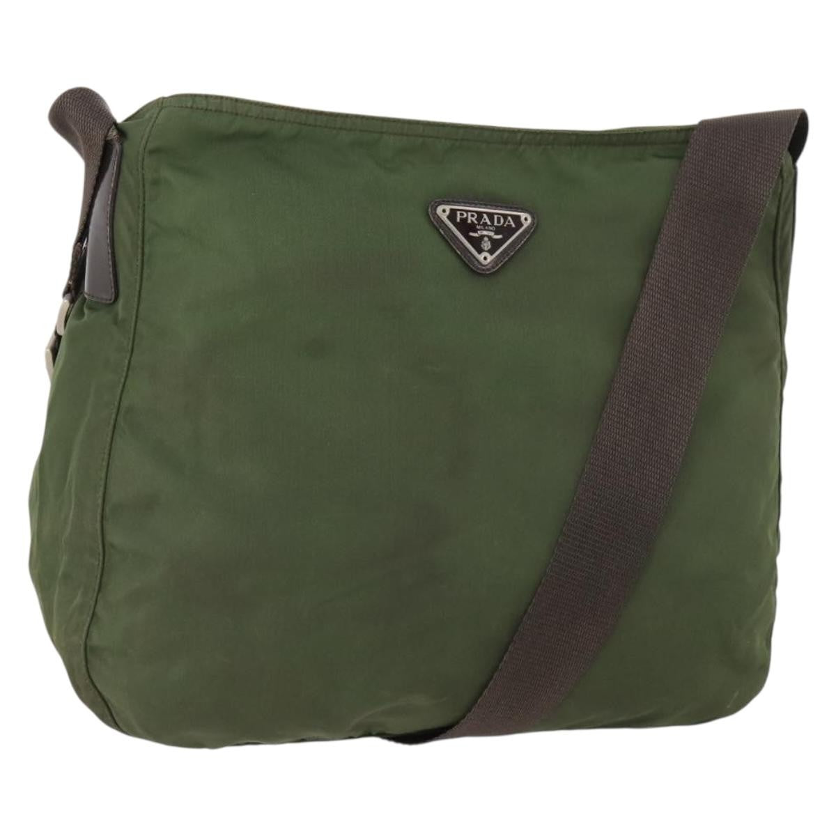 Prada Zip Top Messenger Bag Tessuto Khaki Nylon Shoulder Bag Bag (Pre-Owned)