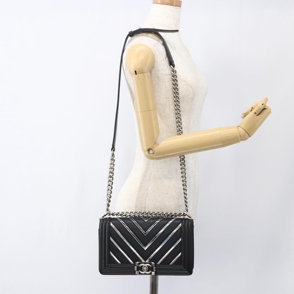 Chanel Boy Flap Bag Chevron Lambskin With Holographic Pvc Black Leather Shoulder Bag Bag (Pre-Owned)