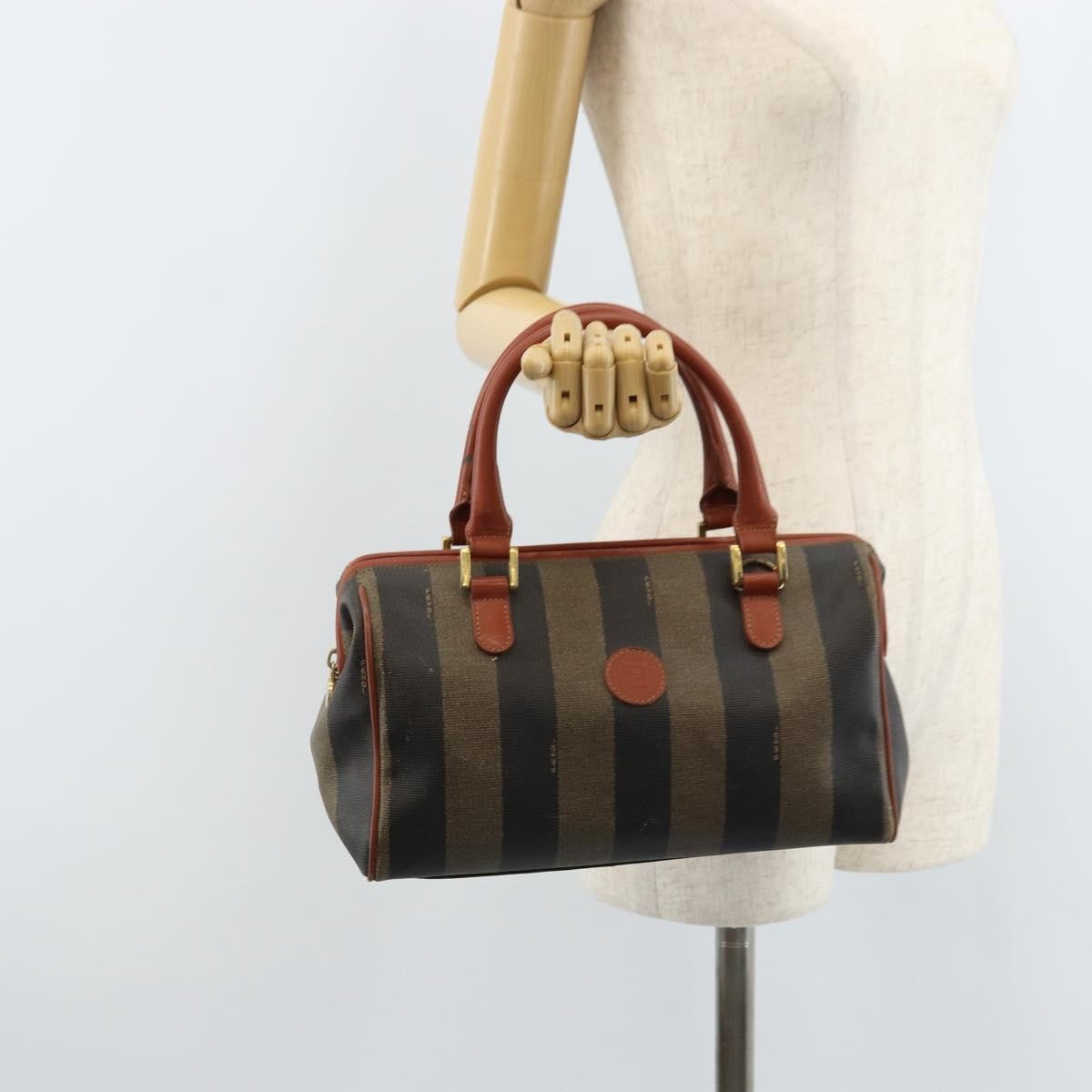 Fendi Vintage Pequin Convertible Boston Bag Coated Canvas Brown Canvas Handbag (Pre-Owned)