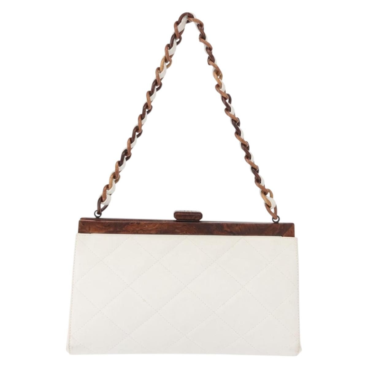 Chanel Wooden Frame Striped Shoulder Bag Leather White Leather Shoulder Bag Bag (Pre-Owned)