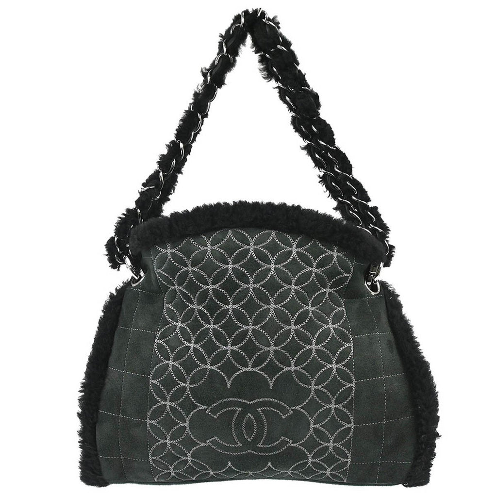 Chanel Vintage Embroidered Cc Chain Tote Quilted Suede And Shearling Black Suede Tote Bag Bag (Pre-Owned)