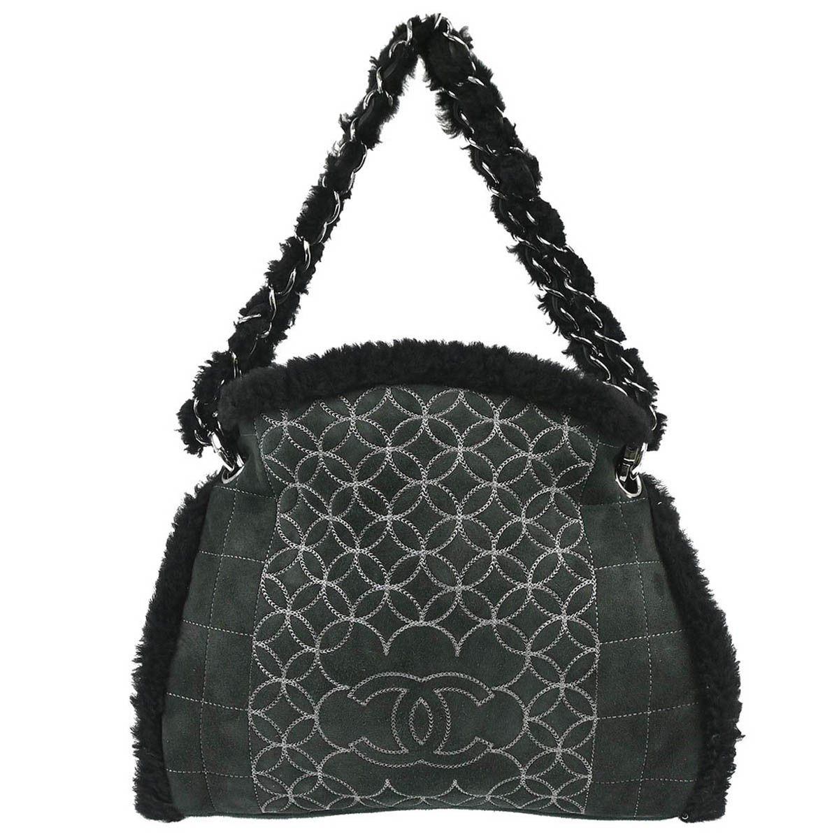 Chanel Vintage Embroidered Cc Chain Tote Quilted Suede And Shearling Black Suede Tote Bag Bag (Pre-Owned)