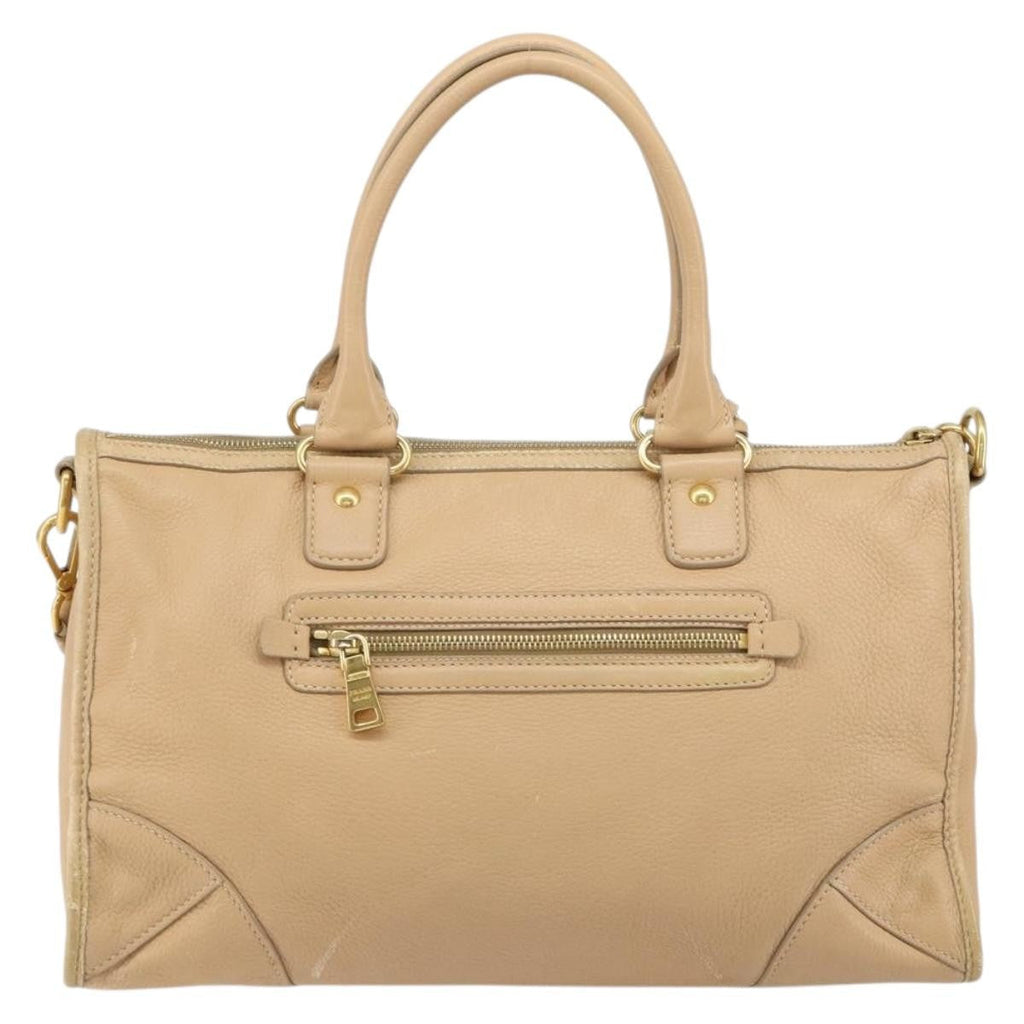 Prada Front Zip Convertible Satchel Cervo Leather Beige Leather Handbag (Pre-Owned)