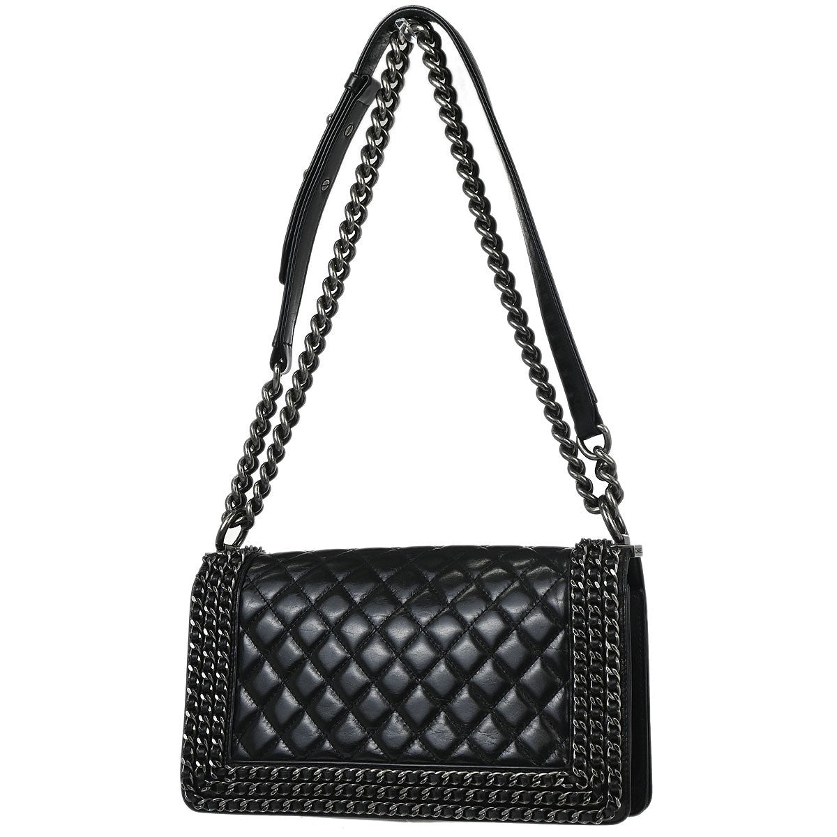 Chanel Boy Flap Bag Quilted Glazed Calfskin Black Leather Handbag (Pre-Owned)