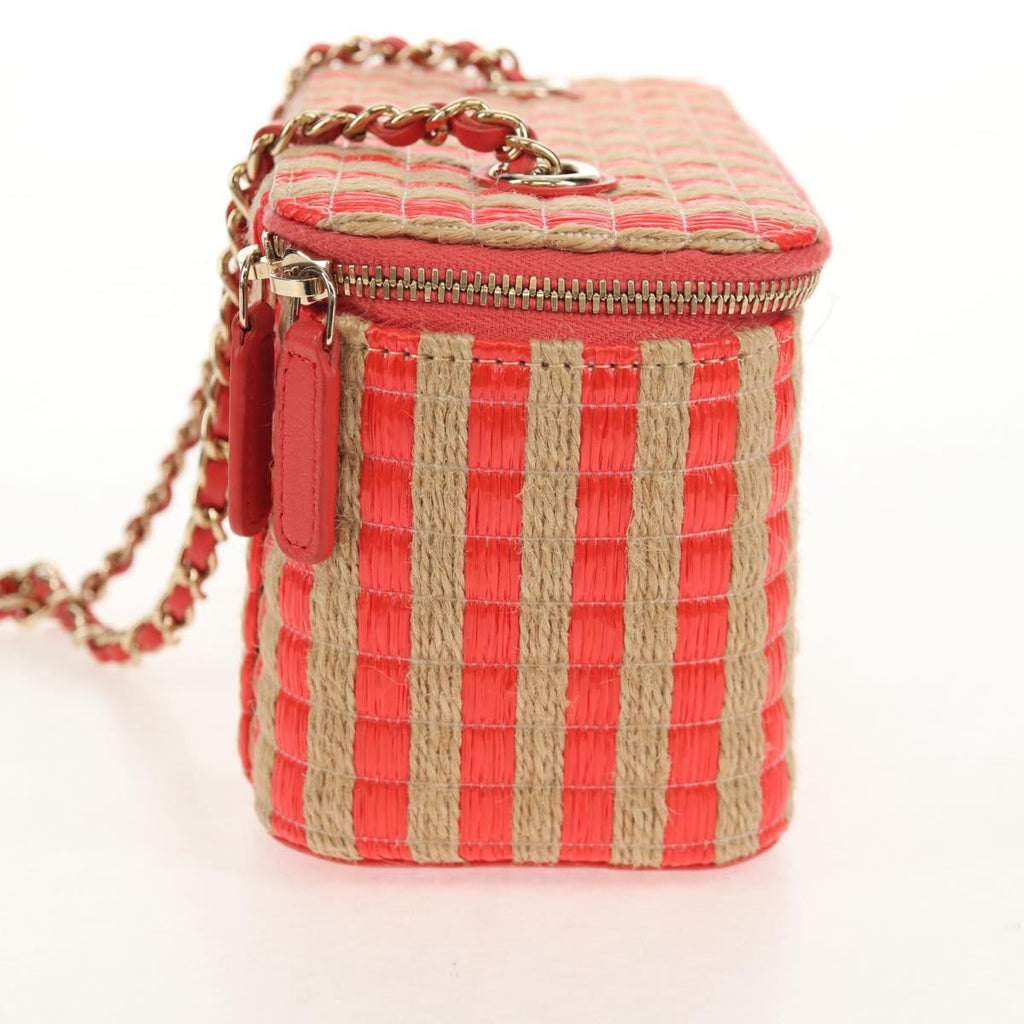 Chanel Classic Vanity Case With Chain Striped Raffia And Jute Beige Canvas Clutche & Pouche Bag (Pre-Owned)
