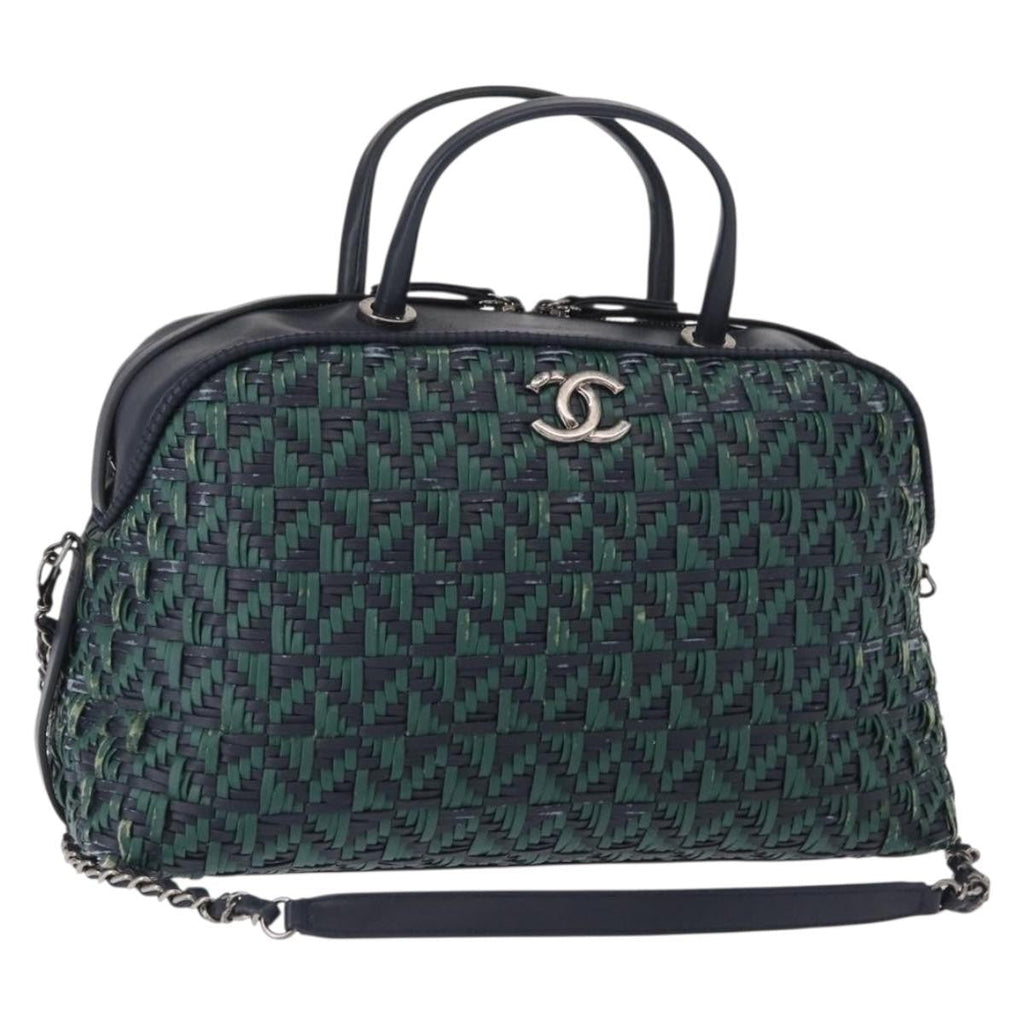 Chanel Convertible Chain Bowler Bag Woven Calfskin Green Leather Handbag (Pre-Owned)