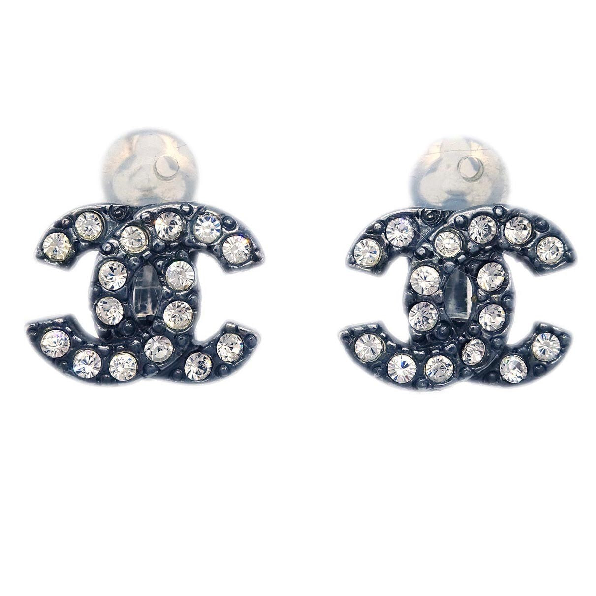 Chanel Cc Clip-On Earrings Metal With Crystal Black Metal Earrings Jewelry (Pre-Owned)
